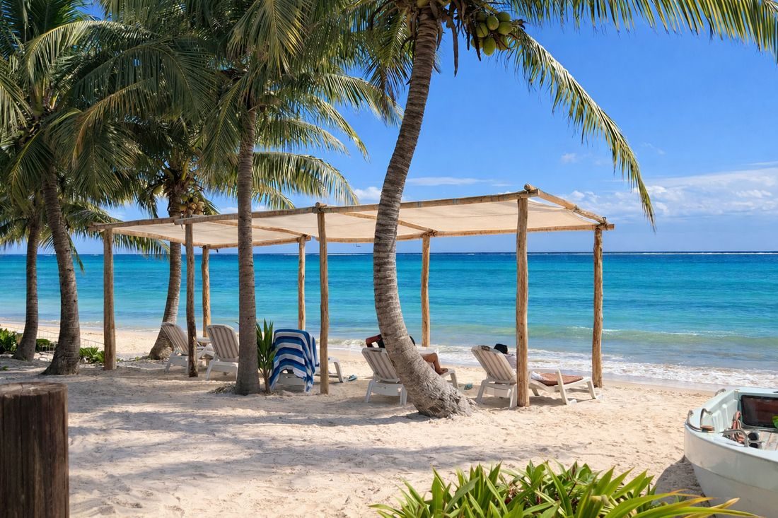 Shaded loungers under the pergola facing the turquoise Caribbean at Pronoia, Costa Maya